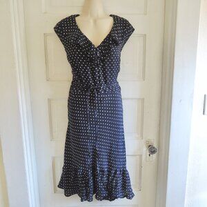 Lauren Ralph Lauren 100% Silk Navy & White Polka Dot Ruffle Dress 18W